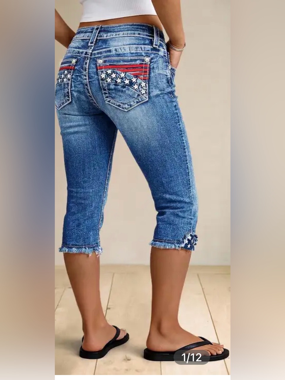 Women's Cropped American Flag Star Accent Denim Capris